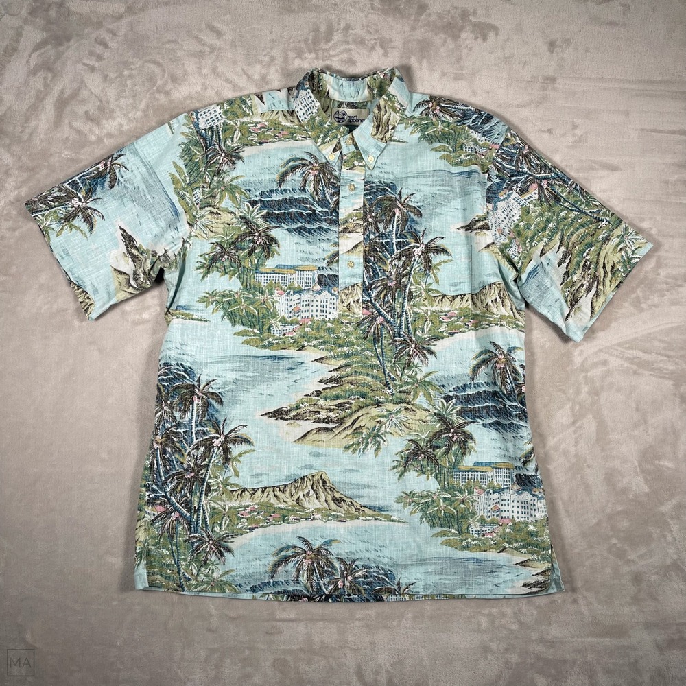 Reyn Spooner Men's Shirt Button Down Pullover Hawaiian Trees XL Light Blue/Green